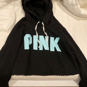 Black crop top hoodie from PINK with blue letters! In good condition!